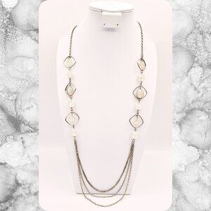 Iridescent Beaded Necklace Long Silver Tone Layered Chain Drape Necklace